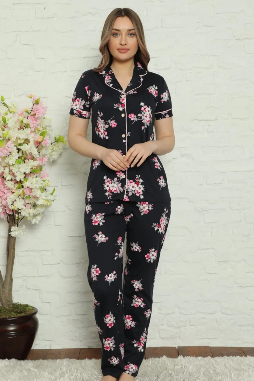 

New Summer Spring Women Pajama Sets Short Sleeve Sleepwear Pajamas Suit Homewear Overnight Dressing Gown Flower Patterned