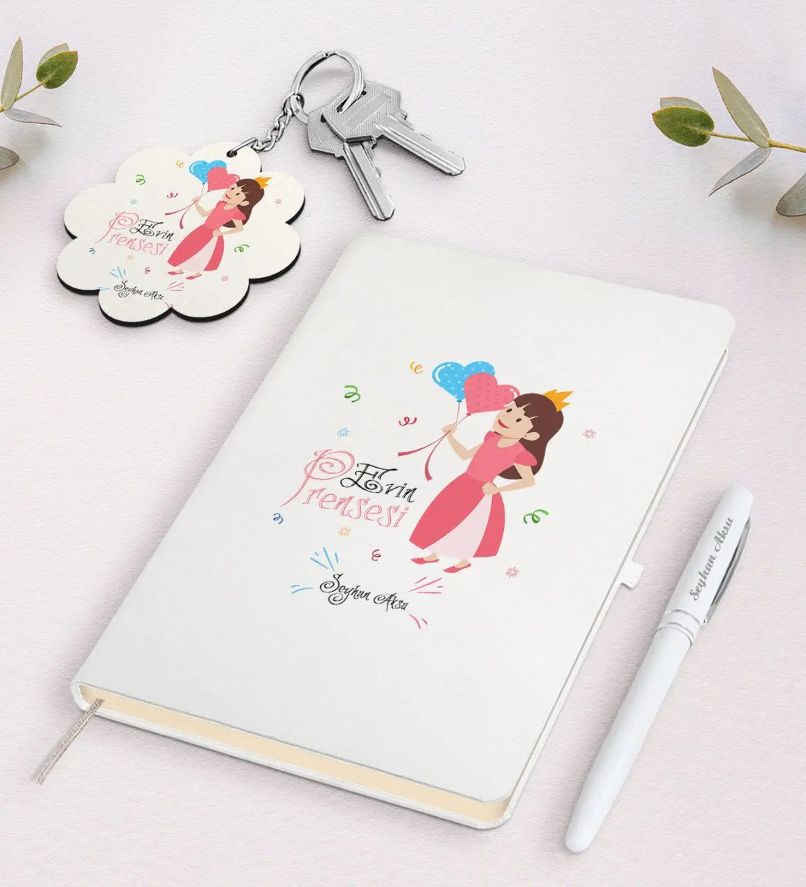 

Personalized House Princess White Notebook Pen and Keychain Gift Seti-2 Reliable Quality Gift Casual Design Moment