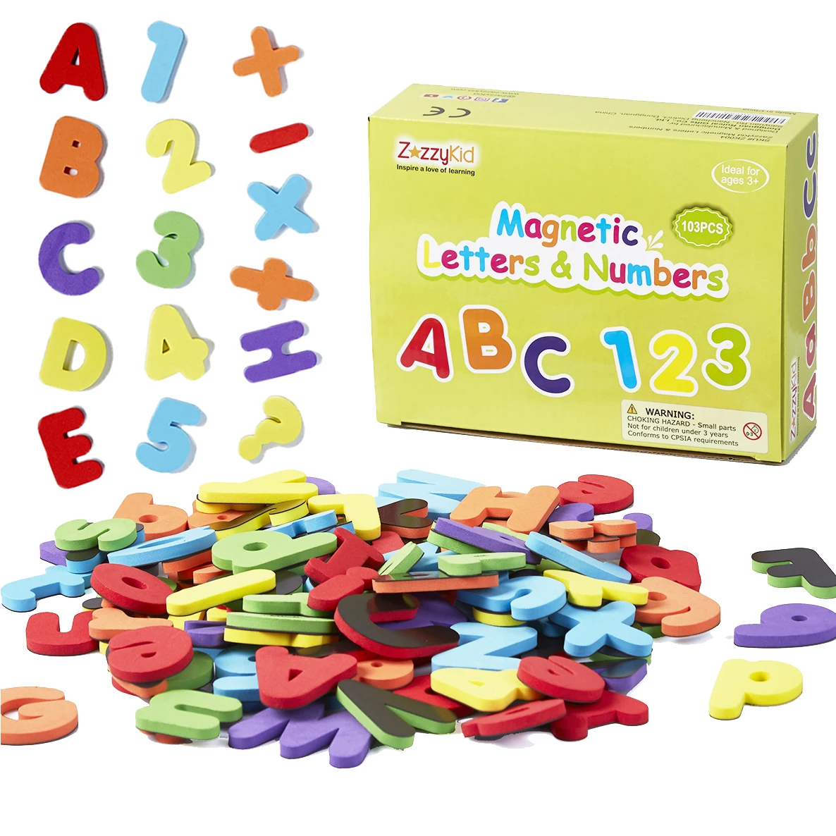 

ZazzyKid Magnetic Letters & Numbers for Kids: 103 Foam Magnets for Early Education -Toddler Learn & Play – Math & Alphabets
