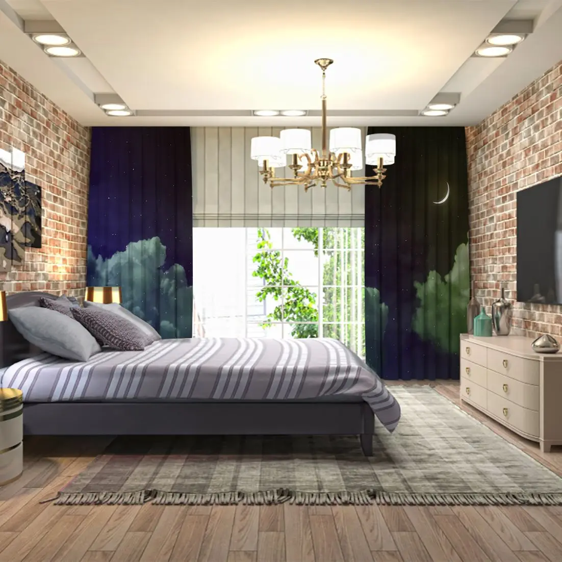 Занавеска Новая Луна звезды пушистые облака природа ночное небо иллюстрация