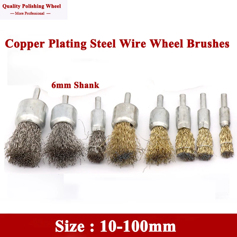 

1Pcs 6mm Shank Copper Plating Stainless Steel Wire Wheel Brushe Grinder Rotary Tool Furniture wood Polishing Metal Rust Removal
