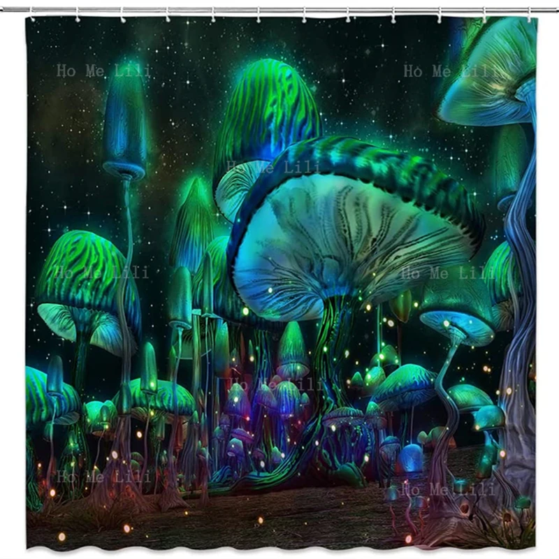 

Fantasy Mushroom Shower Curtain Fairy Forest Magic Night Firefly Psychedelic Theme Mysterious Space Wonderland Bathroom Decor