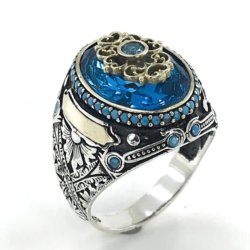 Reng-i Ala Aquamarin Custom Handwork Silver Men 'S Ring