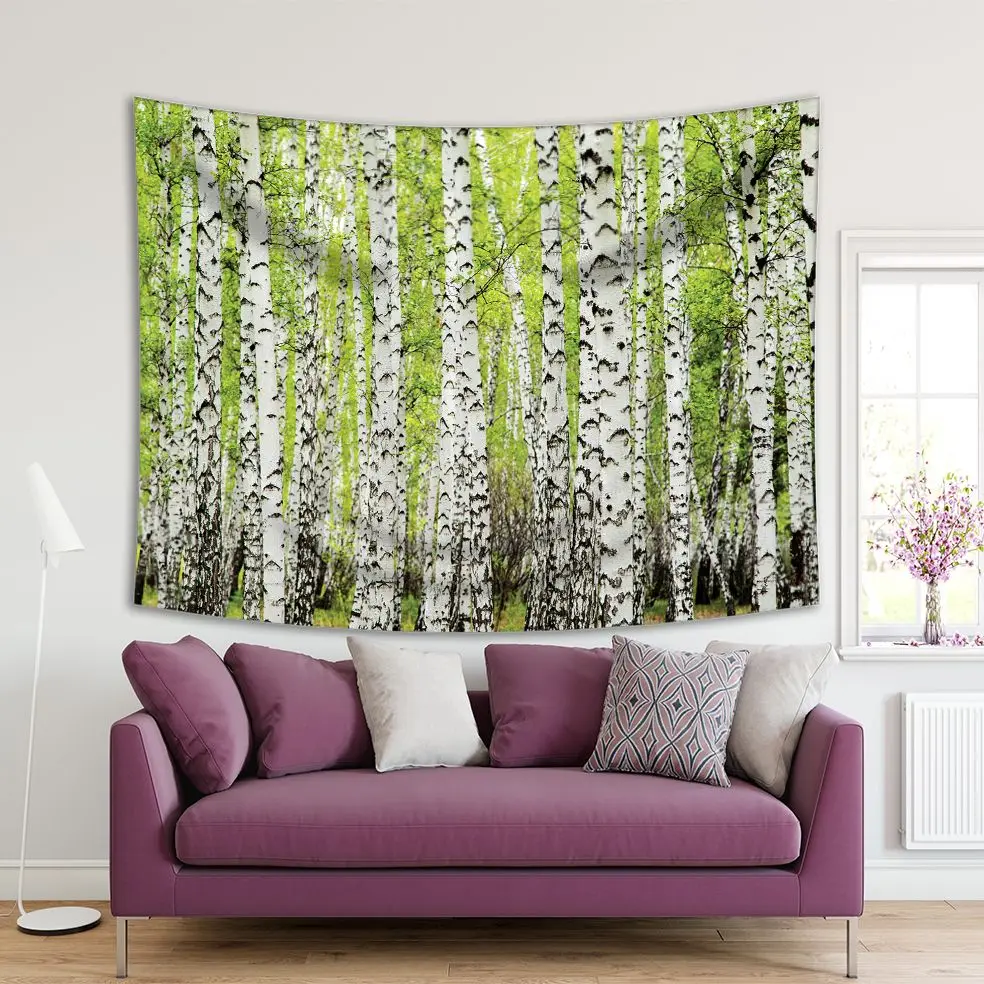 

Tapestry Birch Trees Forest Springtime Freshness Nature Landscape Seasonal Scenery Green Gray