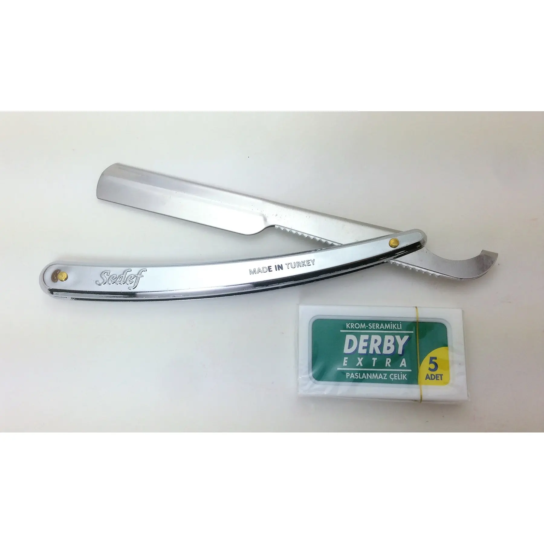 AWESOME Chrome plated straight razor + 5 gift derby double e