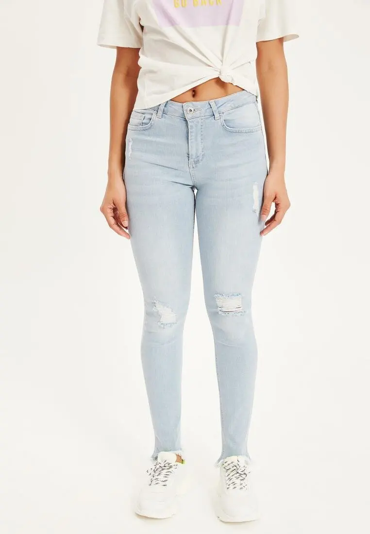 DeFacto женские модные светло голубые джинсовые брюки с дырками Женские