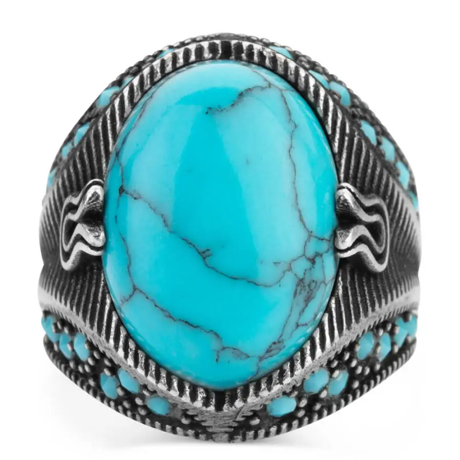 

925 Sterling Silver Mens Ring with Turquoise Chalchuite Stone, Handmade Ottoman Silver Ring