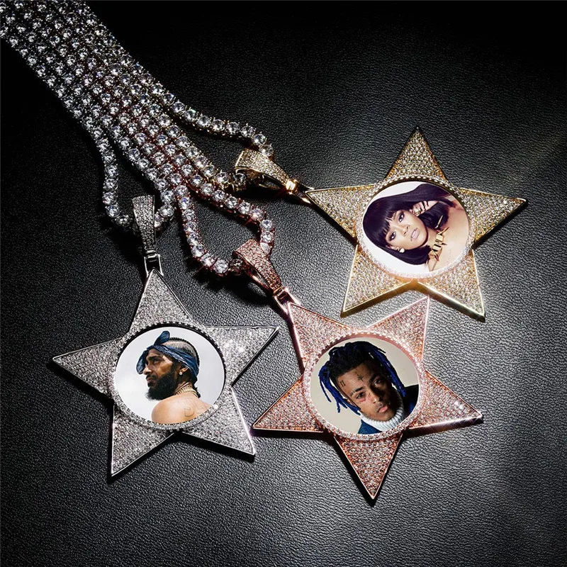

Custom New Design Big Five Pointed Star Photo Memory Pendant Necklace Iced Out Full Zircon Hip Hop Solid Necklace