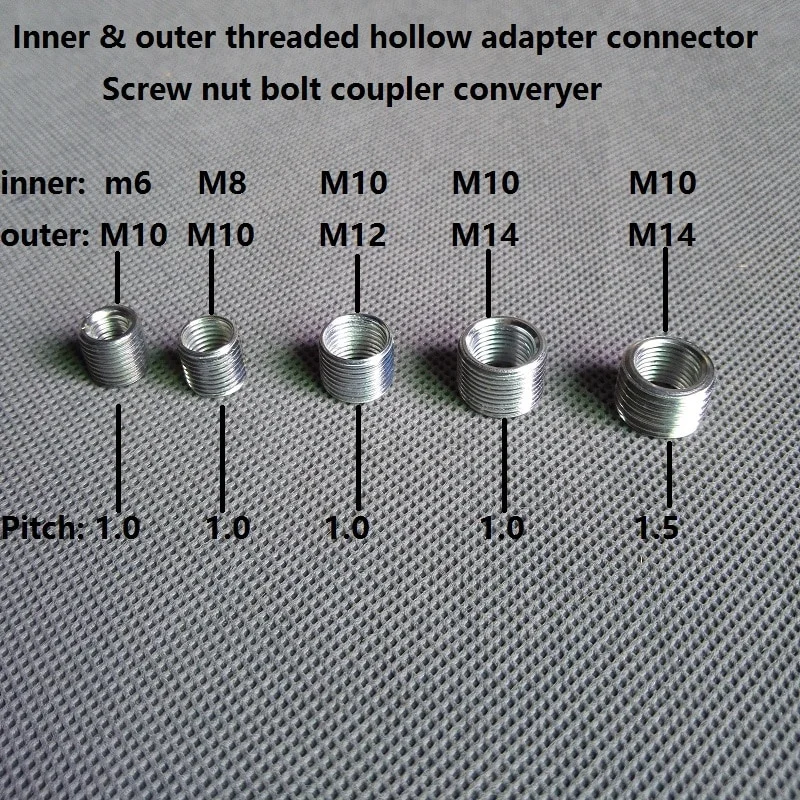 

Camal 5pcs/lot M6 To M10, M8 To M10, M10 To M12/M14 Threaded Hollow Tube Adapter Inner Outer Threaded Coupler Conveyer Adapter