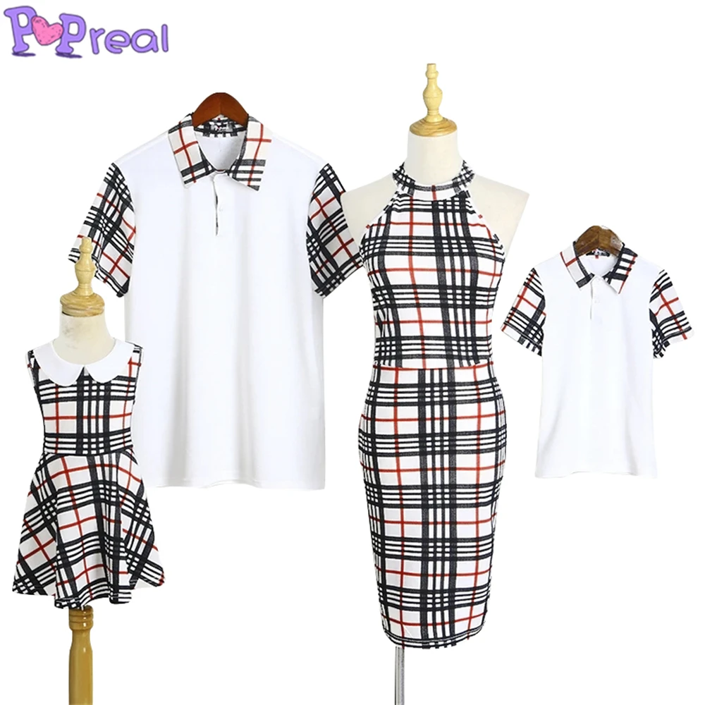 

PopReal Summer Parent-Child Outfit Mother And Daughter Dress Plaid Print Father Son Shirt Family Clothing Sets Patchwork