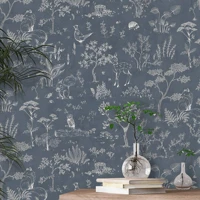 miserable forest wallpaper with flowers and mushrooms and fantasy animals in navy back scandinavian design removable wallpaper