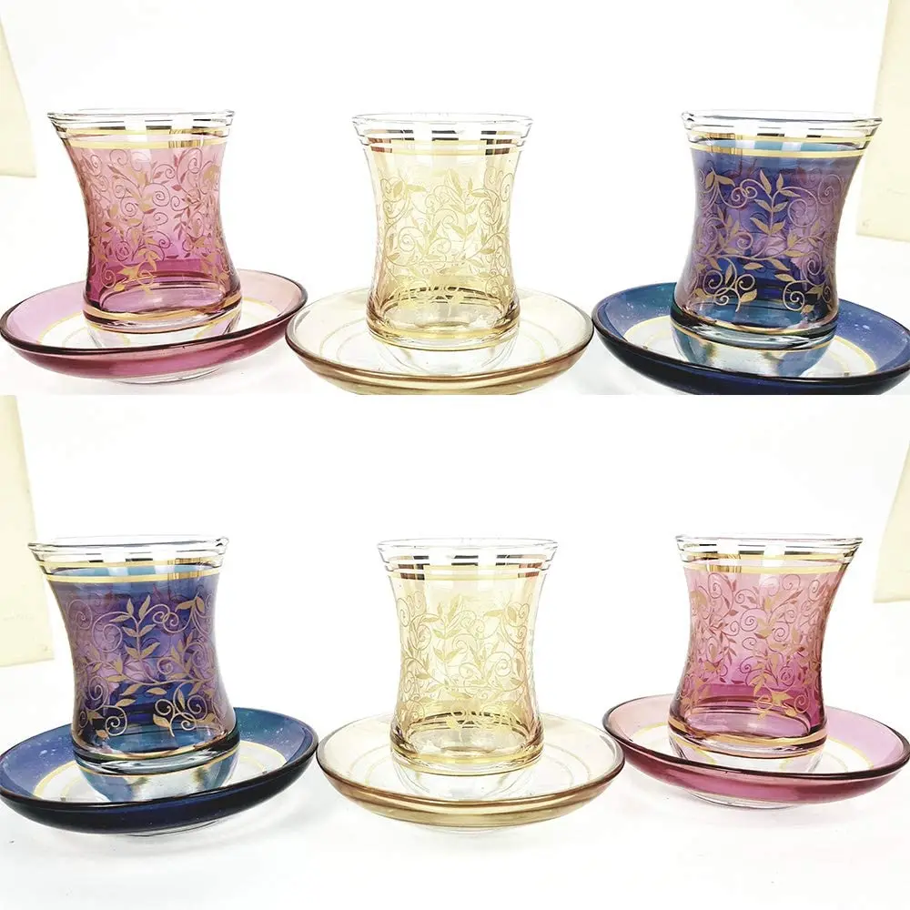 

Turkish Moroccan Tea Glasses Cups and Saucers Set of 6 for Serving Drinking Glassware Gift 3.45 oz -100 ml (Multicolor)