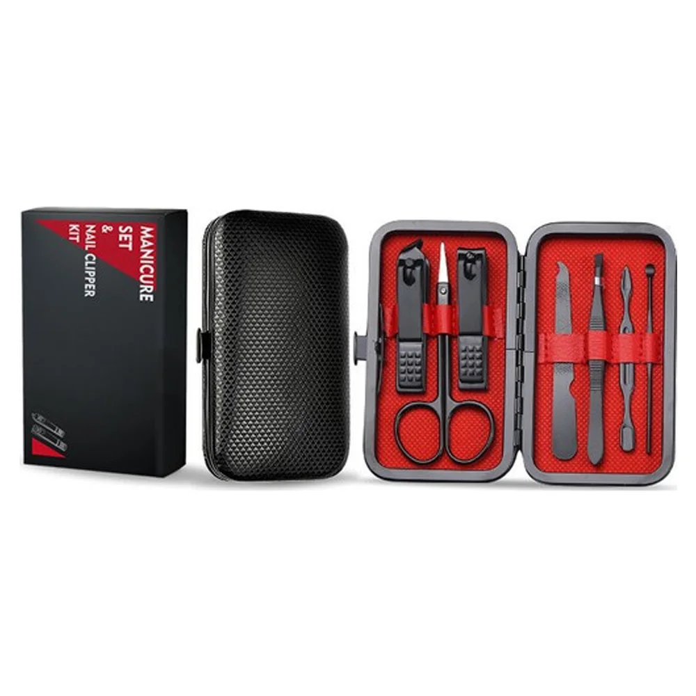 

Stainless Steel Black 7 Piece Manicure Pedicure Set Nail Clipper Set with Leather Bag Travel Kit