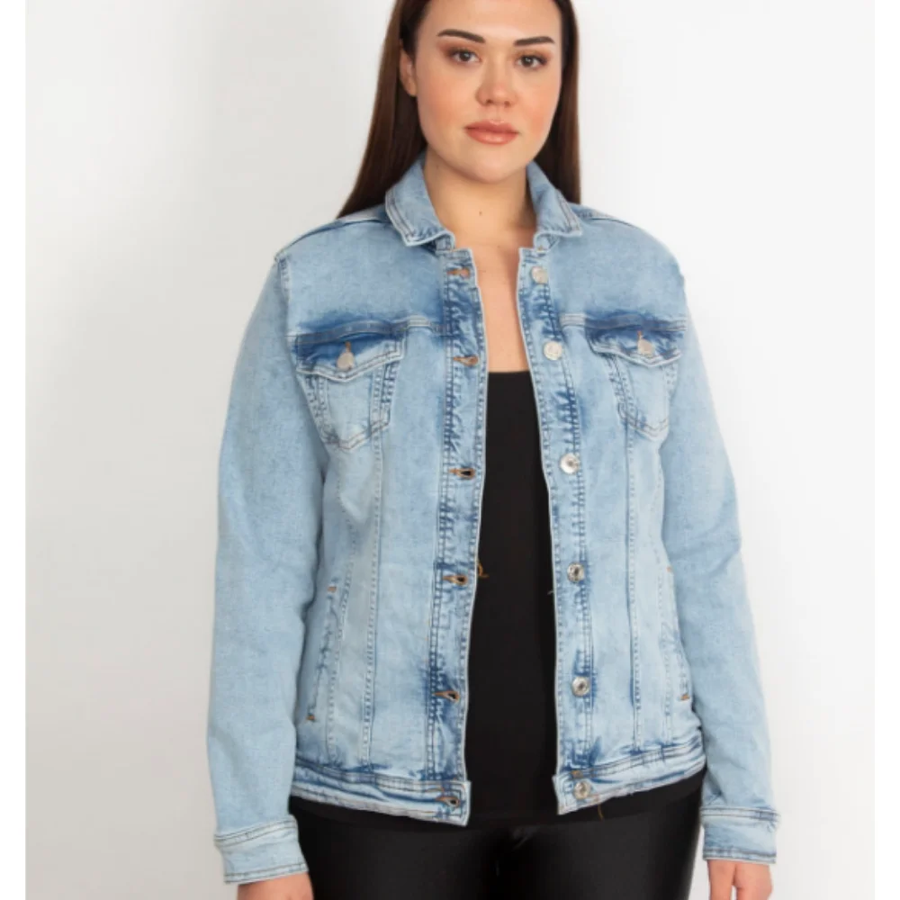 2021 Women Plus Size Denim Jacket Plus Size Blue Double Pocket Wash Effect 100% cotton Jean Jacket Coat Winter XL 2XL 3XL 4XL 5XL 6XL 7XL