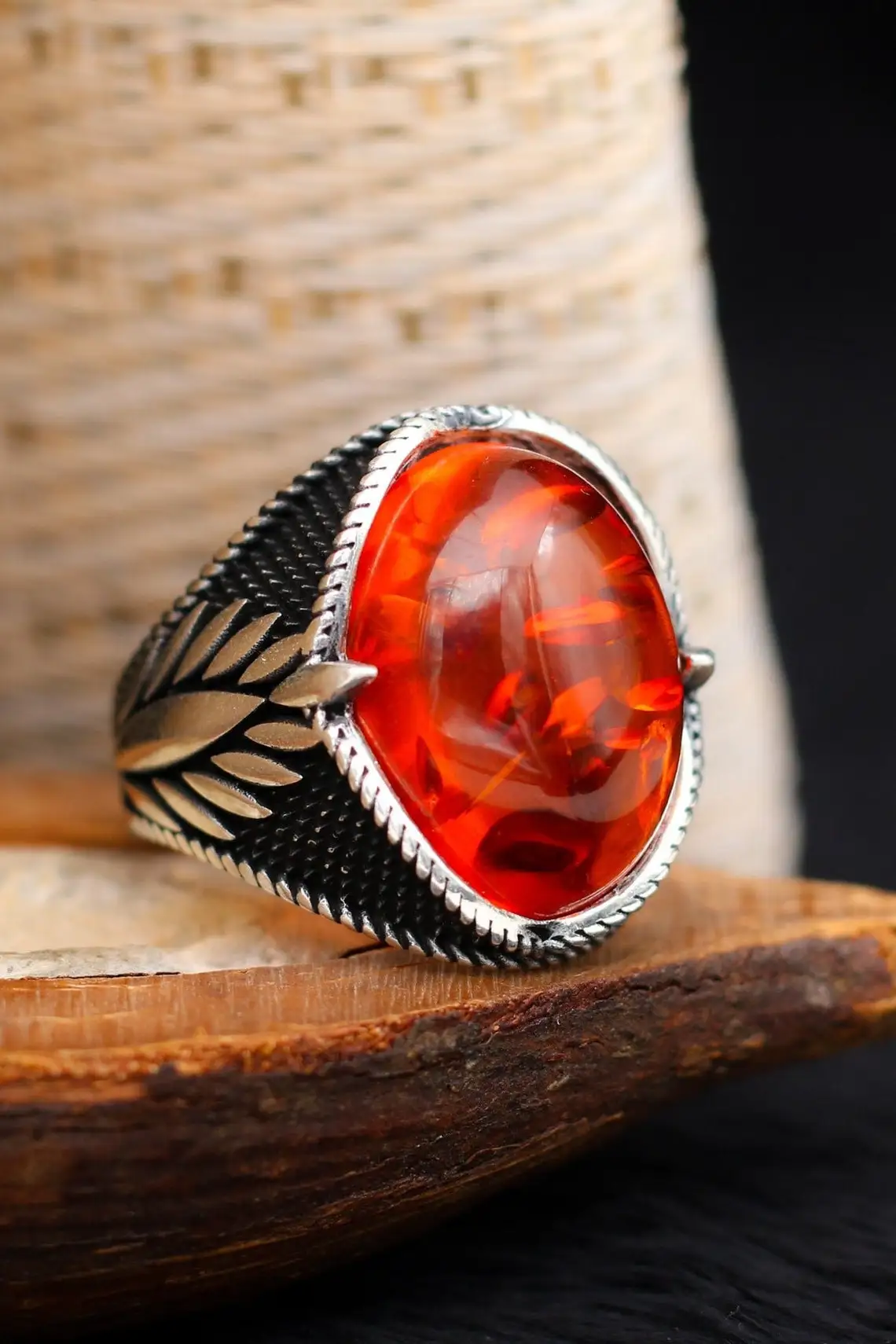 Honey Amber Stone Solid 925 Sterling Silver Men's Ring Handmade Gem StoneHigh Quality Band Engraved Vintage Jewelry Gift For Him