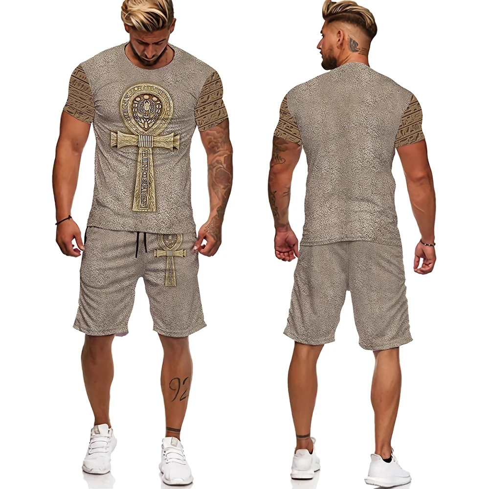 

Men's Short Outfits Fashion Ancient Egyptian Style Graphic 2 Piece Tracksuit Summer Thin T-shirt and Shorts Sport sets