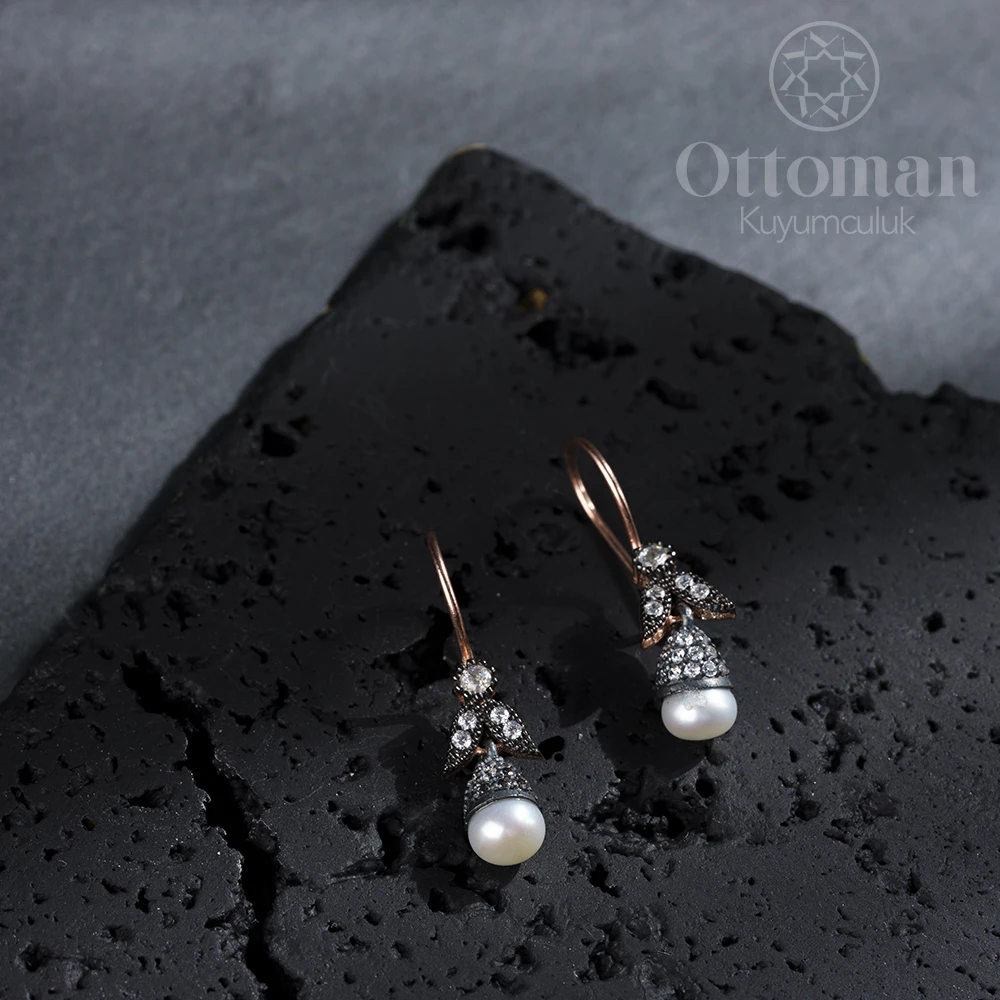 Pearl Silver Earrings Pearl stone has been used in our silver rose plated earrings Women's Silver Earrings Pearl Women's Earring