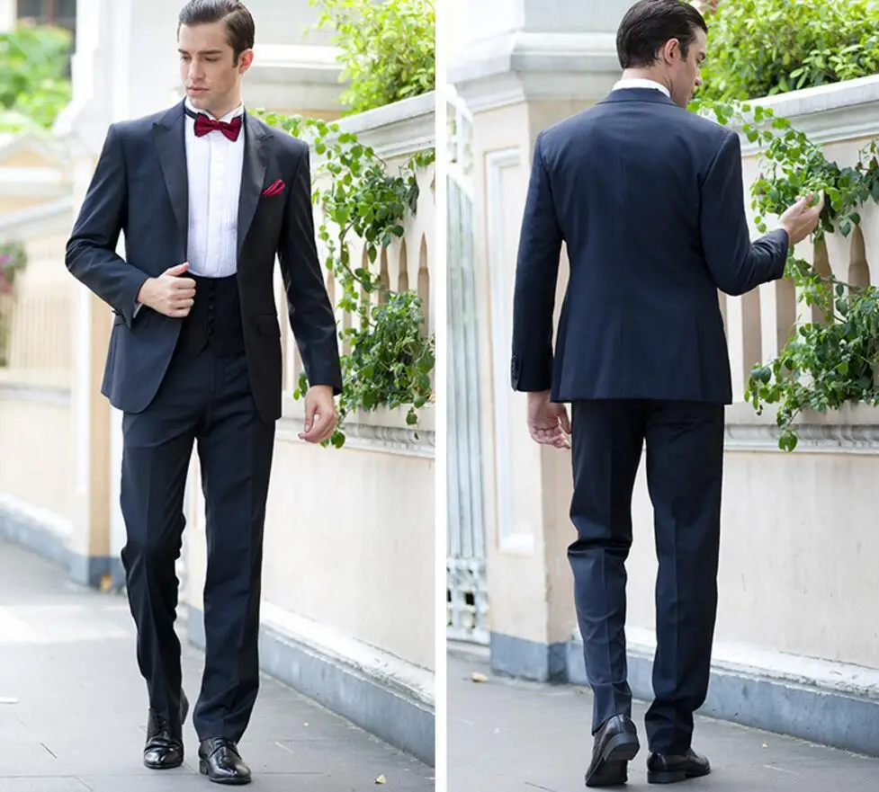 

Custom Navy Blue Peaked Lapel Men's Suit Set Formal Wedding Prom Single Breasted Groom Tuxedo 2 Pieces Jacket Pant Best Man Suit