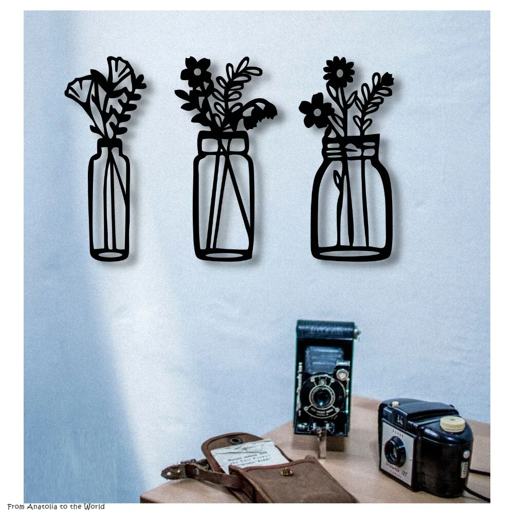 Деревянные настенные художественные украшения Ваза для цветов 3 шт. Черный цвет