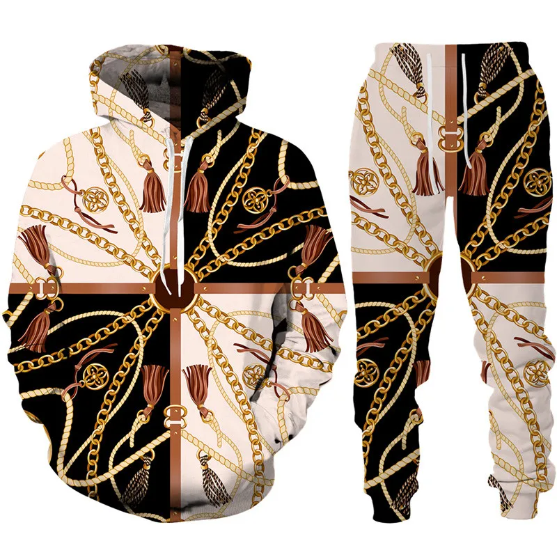 

Спортивный костюм для мужчин и женщин, серия с 3D-принтом цепей растений, пуловер в стиле Харадзюку и брюки, повседневный комплект спортивной...