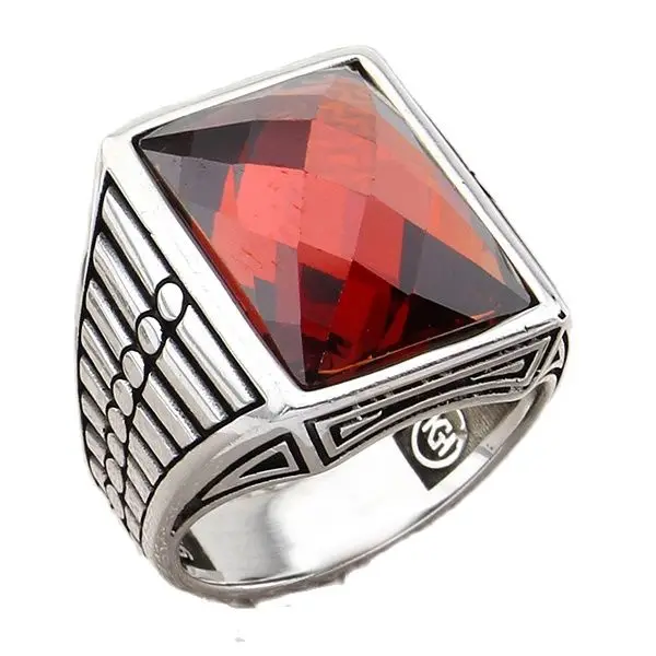 

925 Sterling Silver Men's Ring with Rectangular Red Zircon Raw Gemstone with Straight Lines Jewelry Gift for Husband for Father