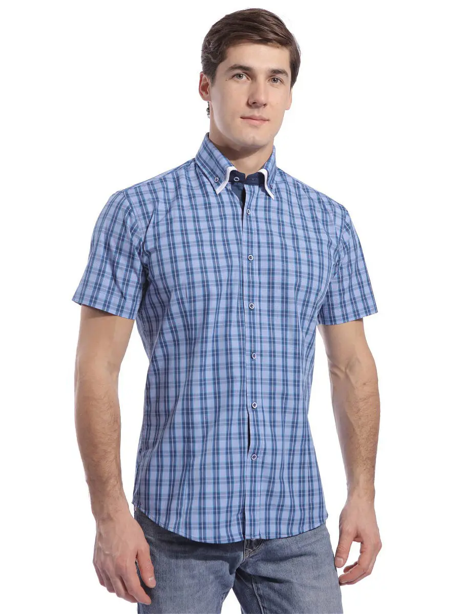 Мужская летняя рубашка с коротким рукавом в клетку. Men's summer shirt with short sleeves in a cage. |
