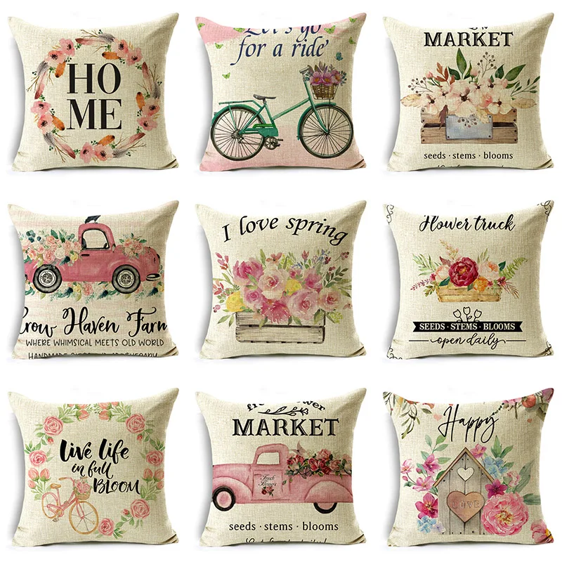 

Spring Flower Car Cushion Cover Bedroom Printed Sofa Pillowcase 40cm/45cm and 50cm Linen Decorative Pillowcases