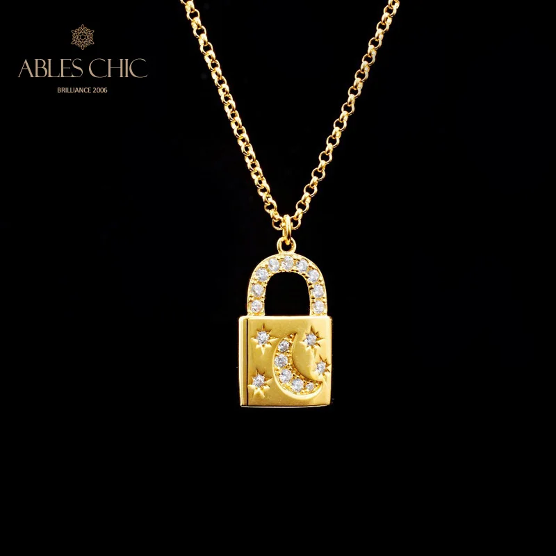 Solid 925 Silver Padlock Pendant 18K Gold Tone Minimalist Zircon Paved Wedding Necklace C11N3S25827