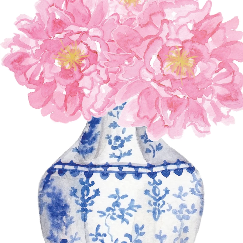 Акварельные пионы китайские вазы Картина на холсте сине-белая фарфоровая ваза