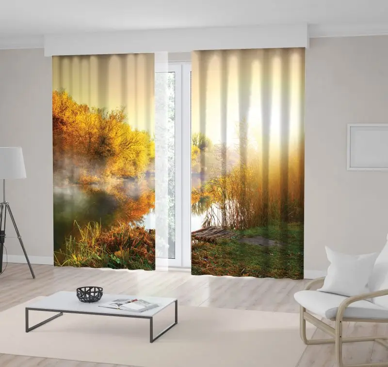 

Curtain Fog over River Trees in Forest Autumn Nature Sunrise Morning Mystic View Yellow Green View Printed