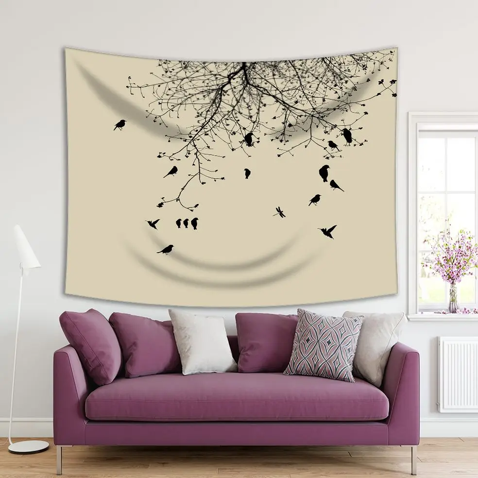 

Tapestry Tree Branches with Leaf Buds and Birds Spring Days Nature Life Beige and Black Photograph Printed