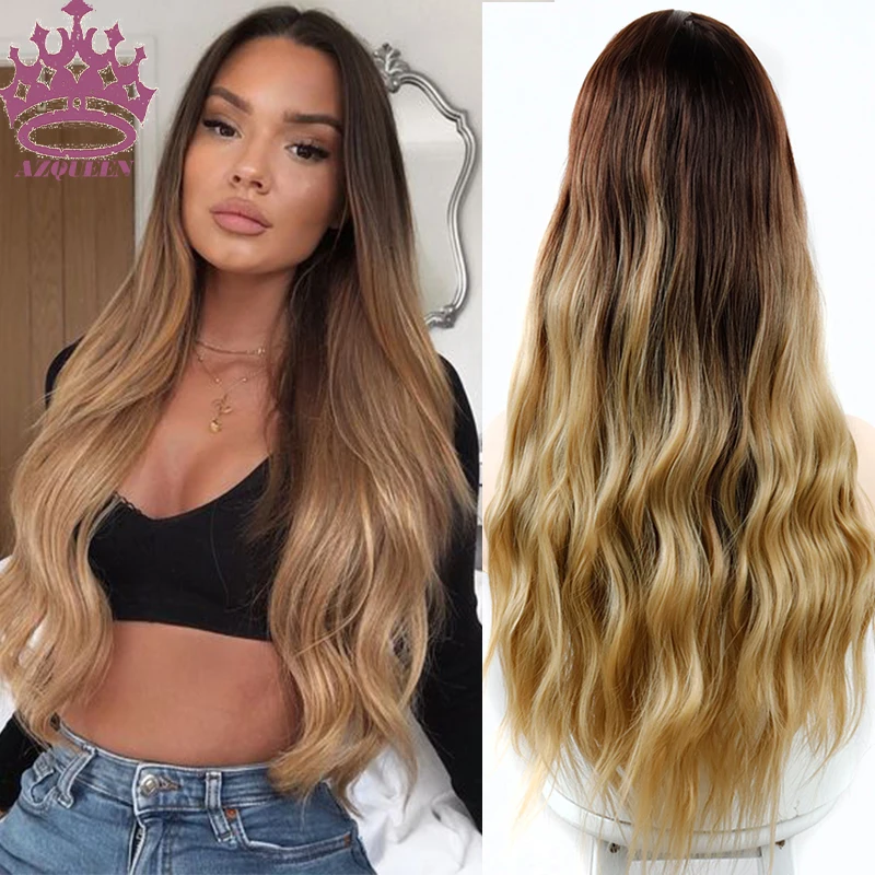 Длинный волнистый парик AZQUEEN с эффектом омбре модный синтетический коричневыми
