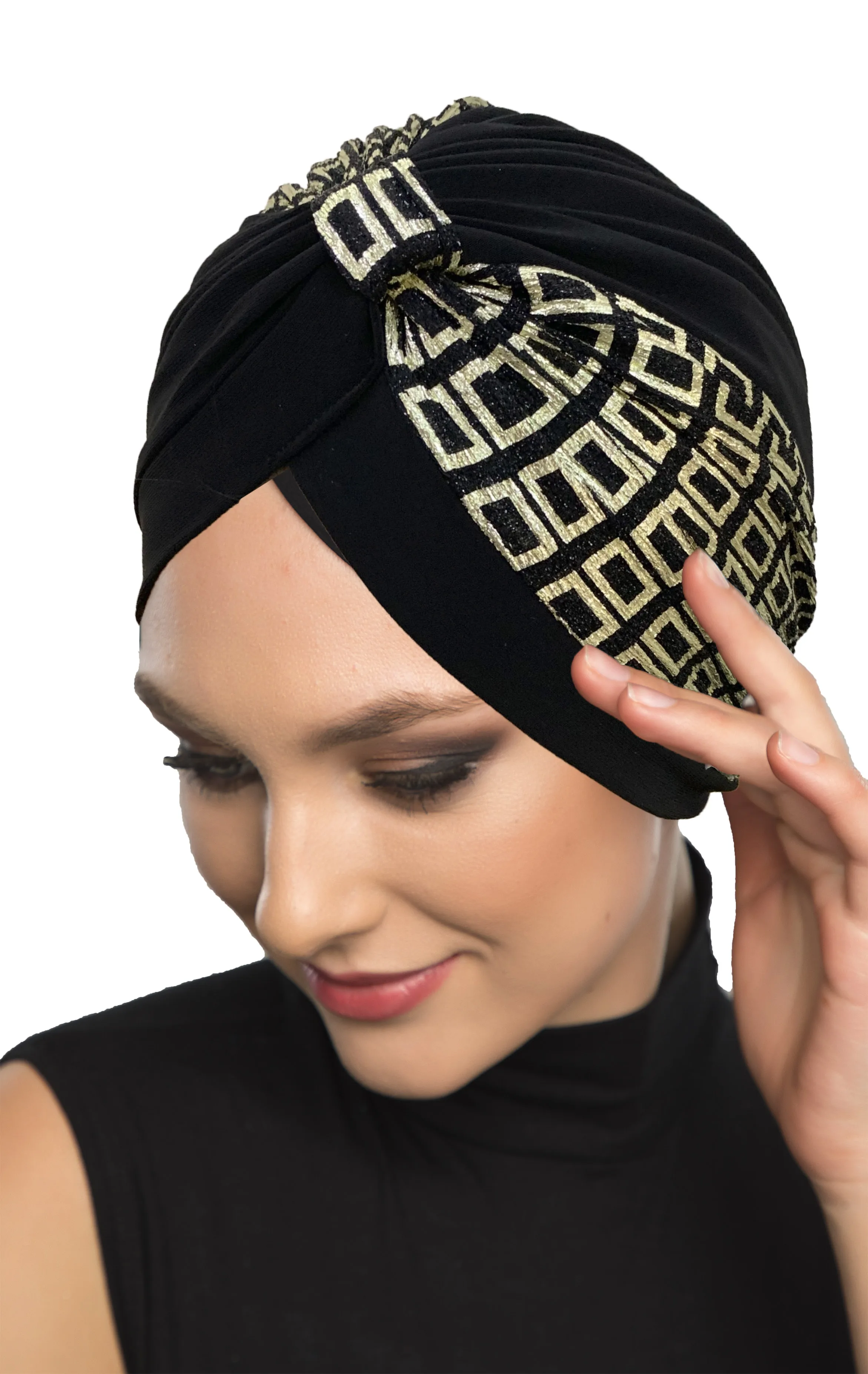 2022 New Fashion Gold-Silver Plaid Pattern On Black Ready Made Turban Hijab Bonnet Scarf Cancer Cap Special Women product Beret Muslim Liner Chemo All Season Rib Lame Pearl Bead Custom Design