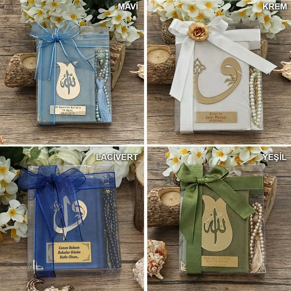 

Luxury Muslim Gift Set Velvet Lined Holy Quran Pearl Rosary Islamic Personalized Name Plexi Wholesale Shopping Religious Items Ramadan 2022 Worship Societies Excellent Quality Mevlüt Groups Fashion Ribbon Decorated Box
