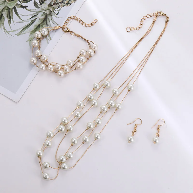 1 Set Simulated Pearl Beaded Multilayer Necklace Dangle Earrings Bracelet Korean Fashion Bridal Wedding Accessories Jewelry | Украшения и