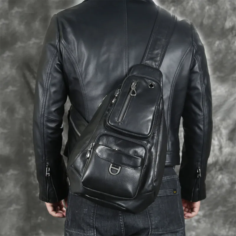 Men Genuine Leather Chest Bag Fashion Male Travel Sling Shoulder Bag Male Soft Fanny Packs Men's Crossbody Bag