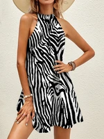 zebra stripes print halter mini dress 2022 summer womens off shoulder tie back sleeveless dresses sexy party beachwear sundress