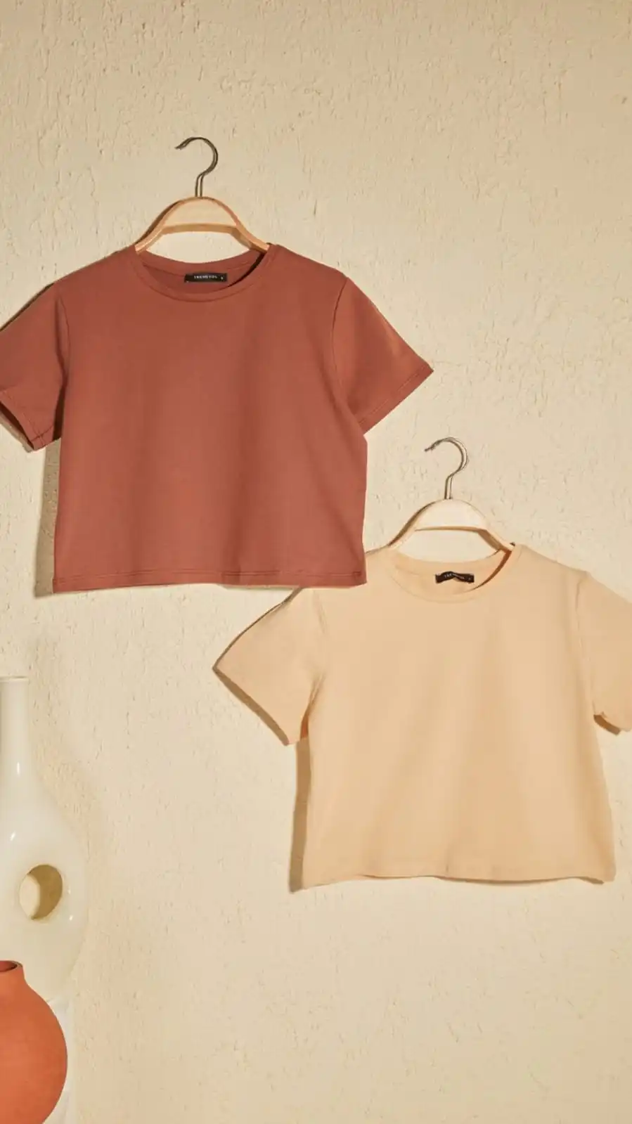 

Bej ve Kahverengi %100 Pamuk Bisiklet Yaka 2'li Paket Crop rme T-Shirt