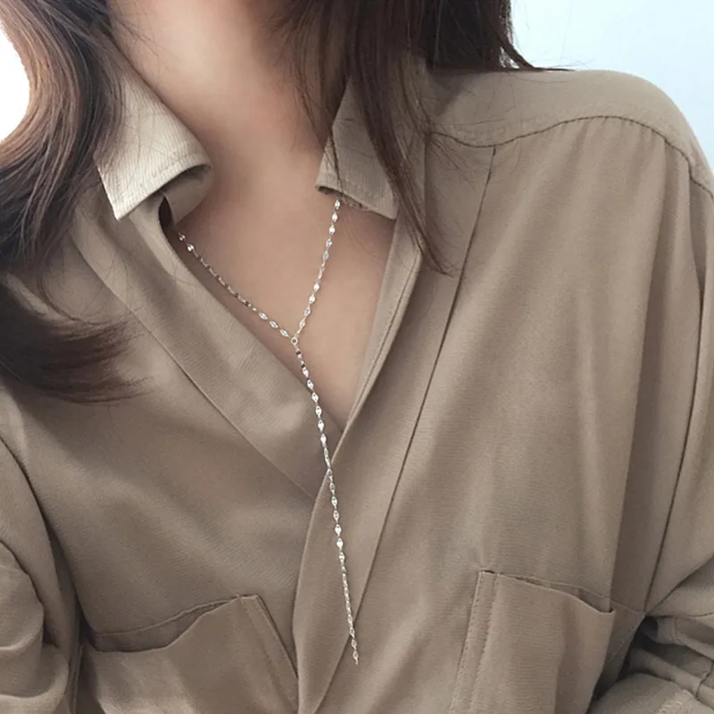 

S925 Sterling Silver Ins Style Niche Simple Long Ceramic Tile Chain Ladies Necklace Chain Ornaments Student Silver Jewelry
