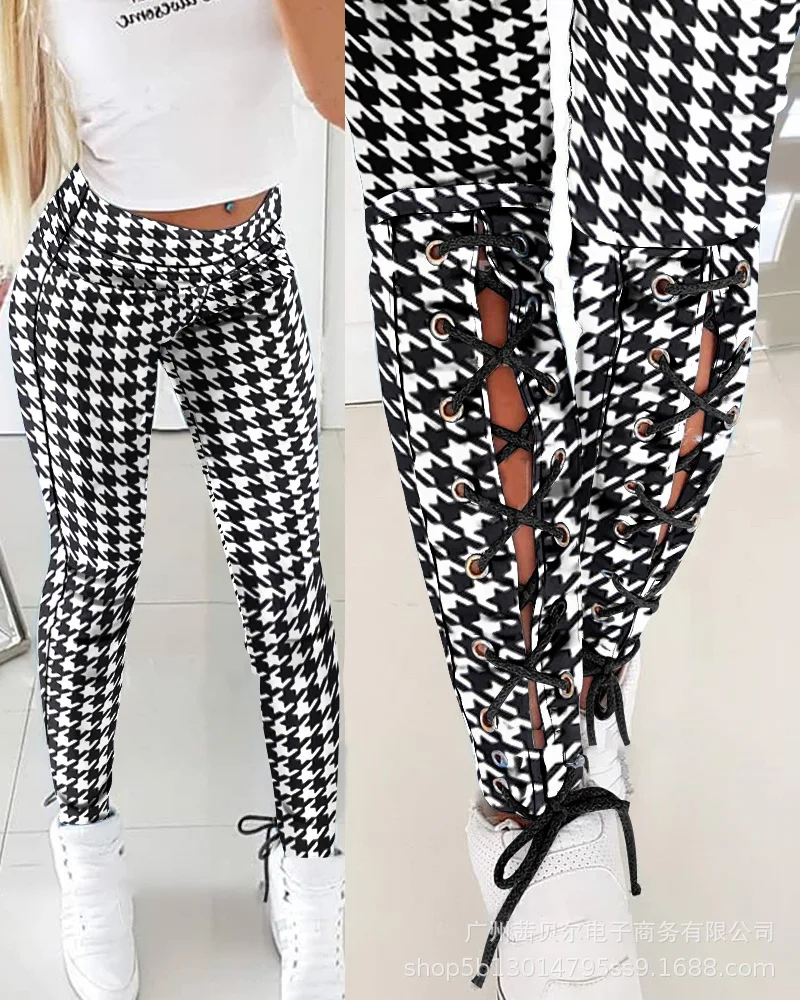

New Spring and Autumn Women's Long Slim Women's High Waist Pants Leggings Lace-up Jeans