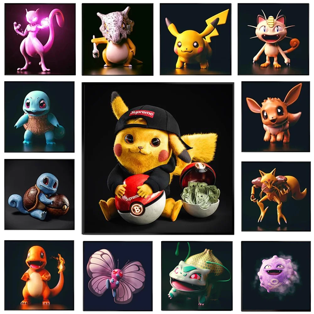 

Pokemon Canvas Painting Pikachu Small Fire Dragon Jenny Turtle Mew-two Frog Seeds Print Poster Cartoon Children Room Home Decor
