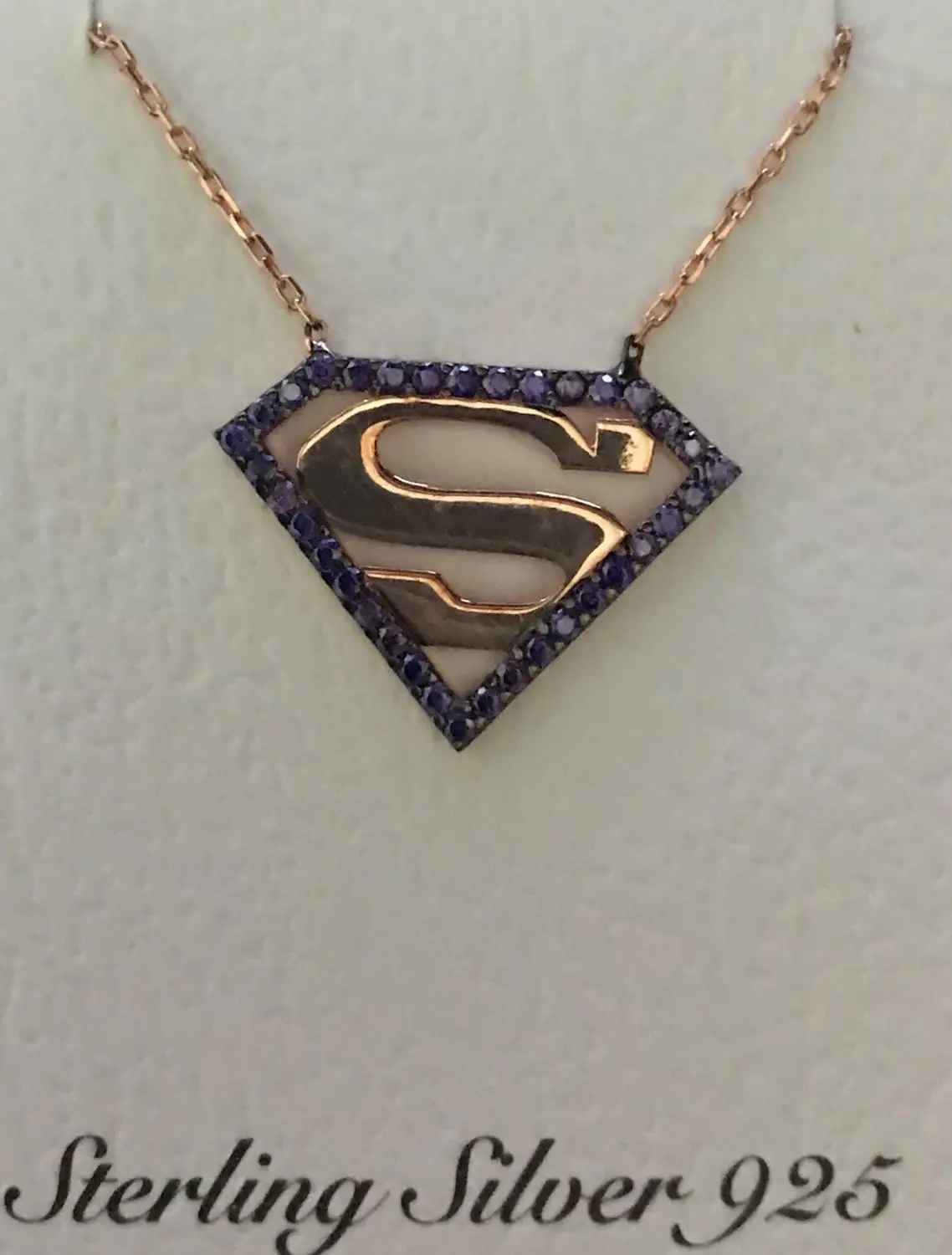 

STERLING SILVER 925 NECKLACE WITH SHAPE ELEGANT VERY STYLISH LETTER S AROUND PURPLE STONE PATTERNED STERLING SILVER 925 NECKLAC