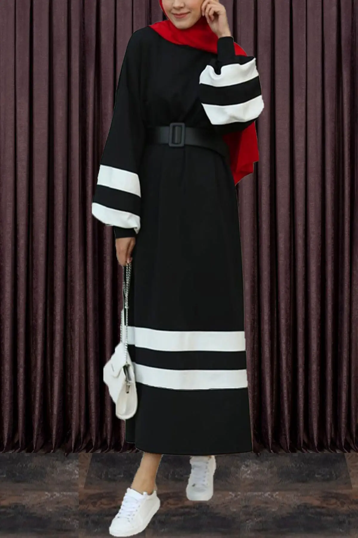 

Hijab Dress Balloon Sleeve Stripe Black