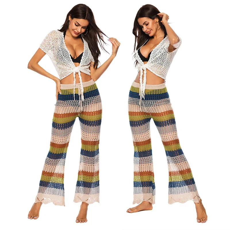 

Bikini Women Summer Beach Knitted Hollow Out Pants See Through Crochet Stright Pant Sexy Hollow Out Fishnet Wide Leg Trousers