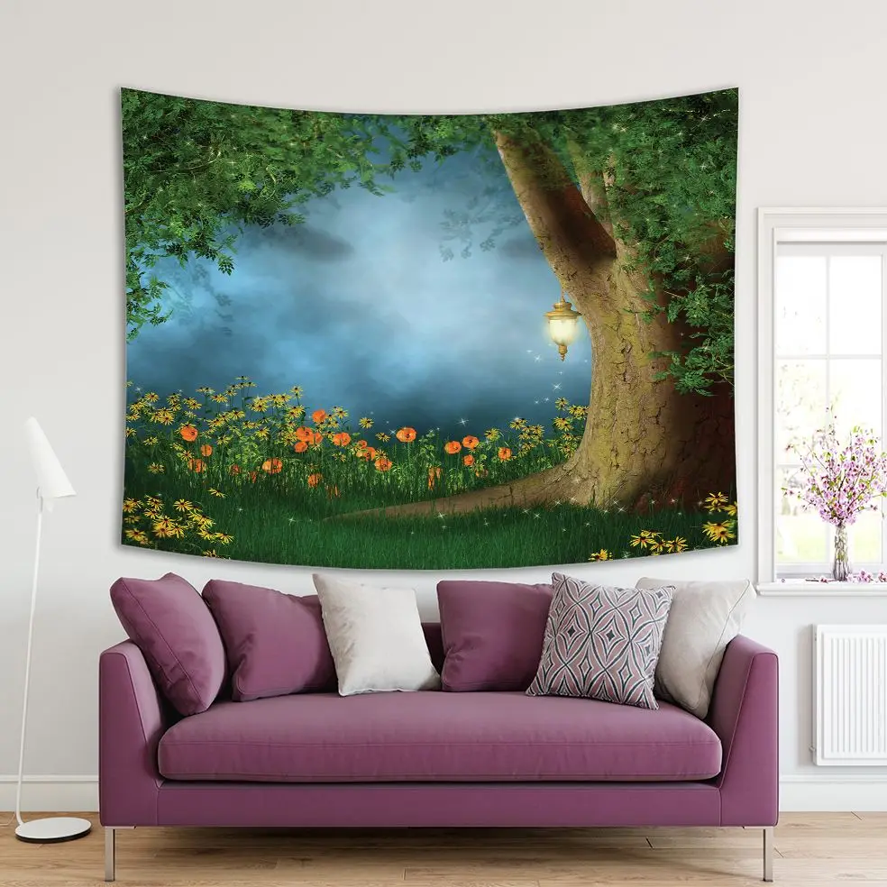 

Tapestry Forest Glade with an Old Tree Fireflies Wildflowers Poppies Daisies Mist Summer Night Fantasy Green Orange