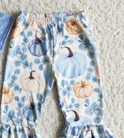 

Halloween new children girl blue bleached short-sleeved pumpkin print fashion flared pants boutique suit