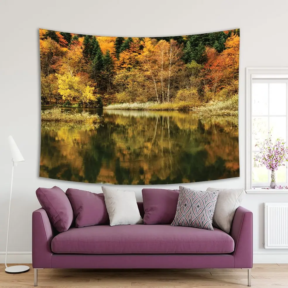 

Tapestry Colorful Autumn Trees Forest Reflection on Hidden Lake Nature Seasonal Landscape Green Orange Mustard View Printed