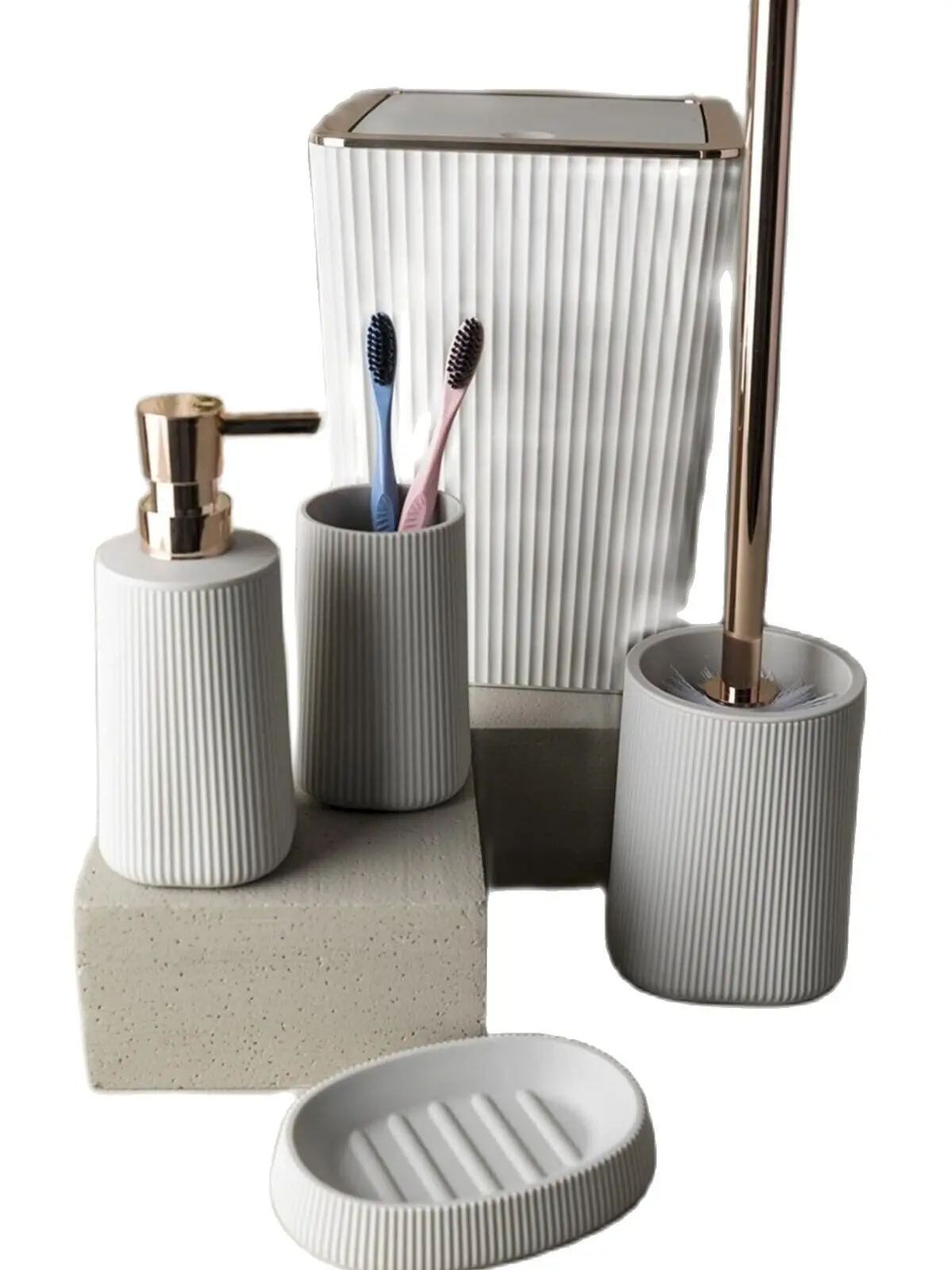 Lux 5 Pcs White Acrylic Bathroom Accessories Set Striped Pattern Toothbrush Holder Toilet Brush Liquid Soap Dispenser Soapholder