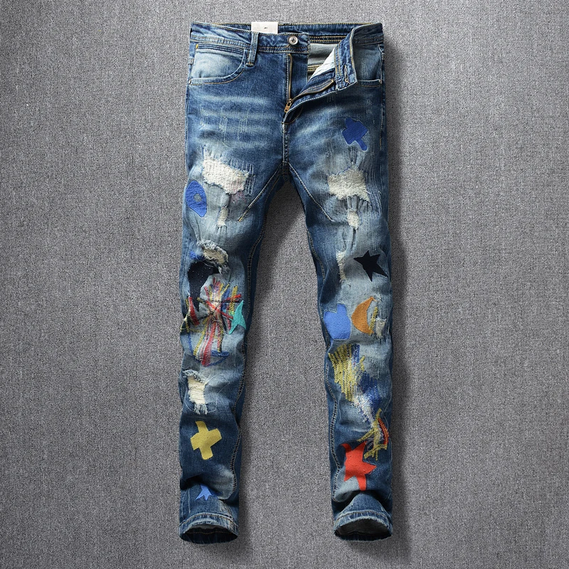 Модные мужские джинсы в американском уличном стиле эластичные облегающие рваные