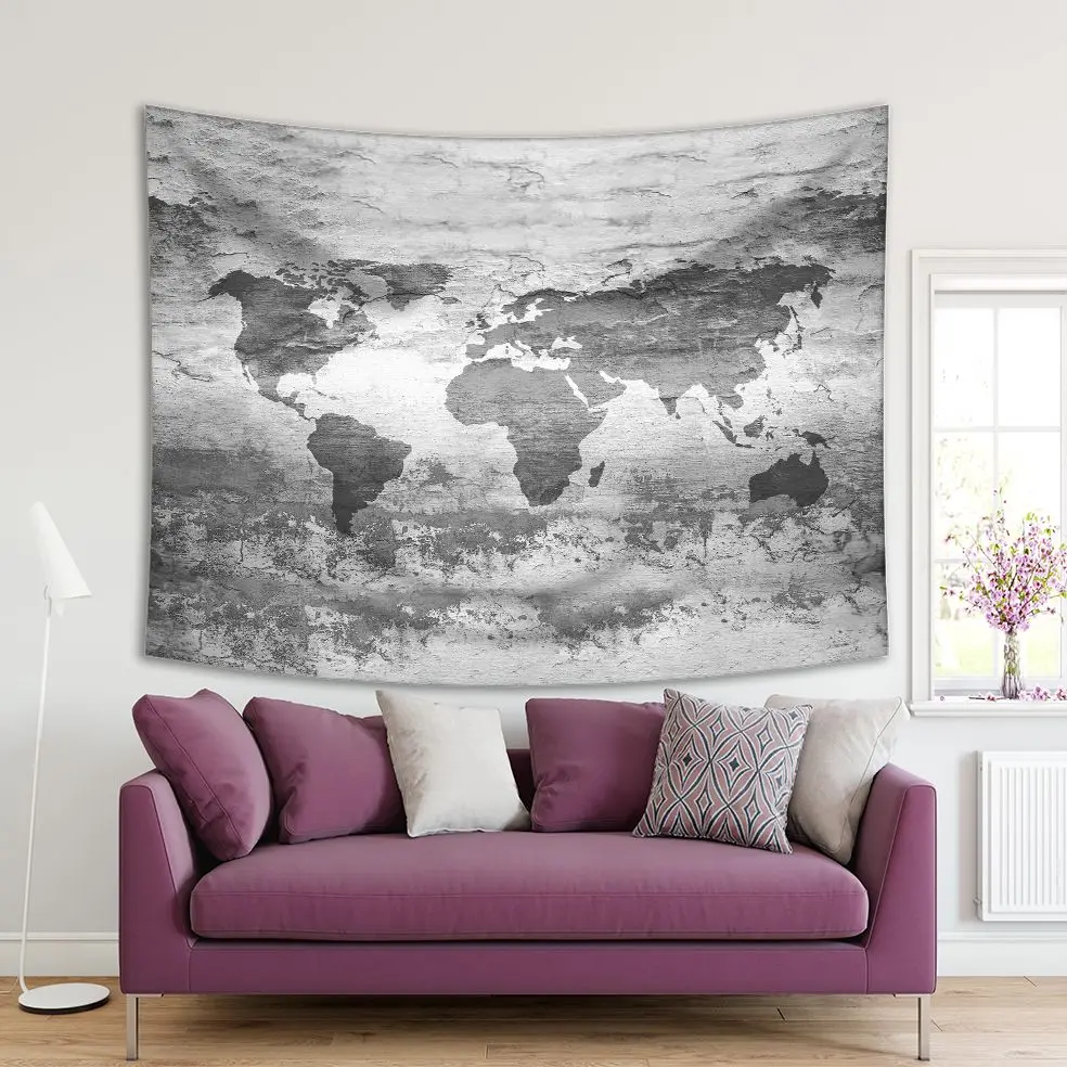 

Tapestry World Map on Old Wall Grunge Retro Style Rustic Monochromic Artwork Printed Gray
